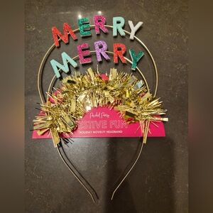 NEW Packed Party Merry Merry Festive Gold Headband with Gold Tinsel Holiday